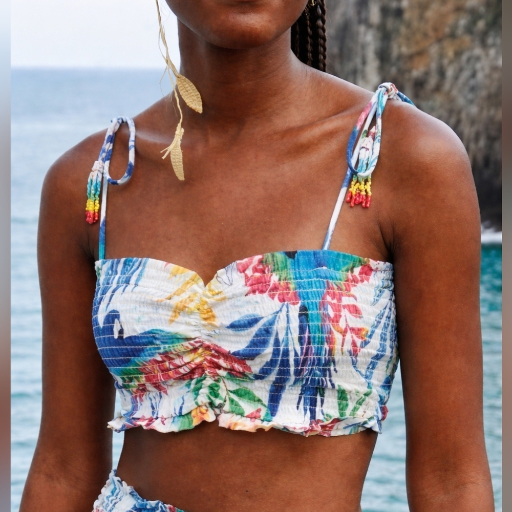 House Of Harlow 1960 Parrot Smocked Linen Bandeau With Beaded Tassels
